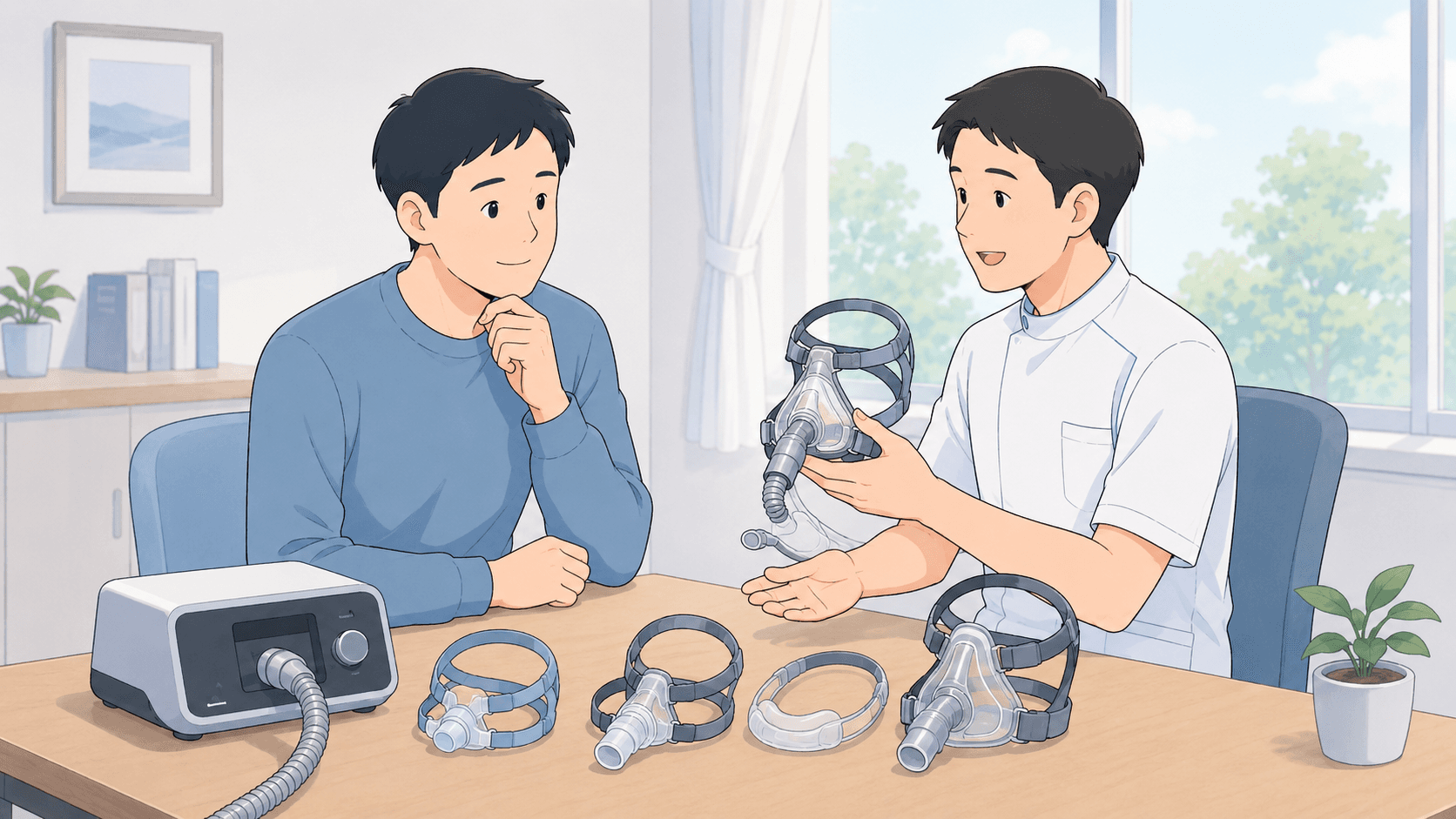 医療スタッフが複数のCPAPマスクタイプを患者に説明している様子