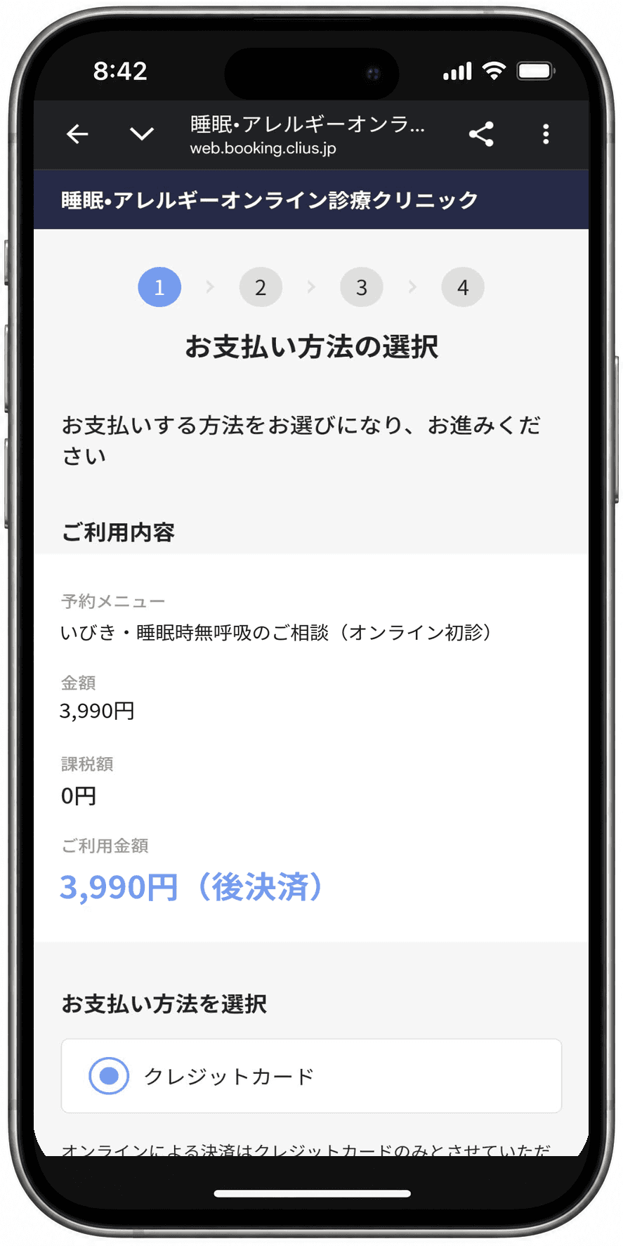お支払い方法の選択画面。ご利用内容と金額、お支払い方法として「クレジットカード」が表示されている