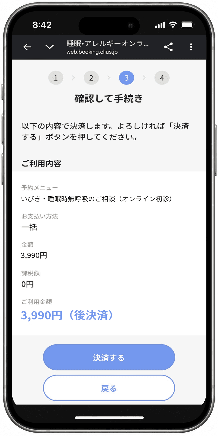 「確認して手続き」の画面。ご利用内容と金額が表示され、「決済する」ボタンと「戻る」ボタンがある