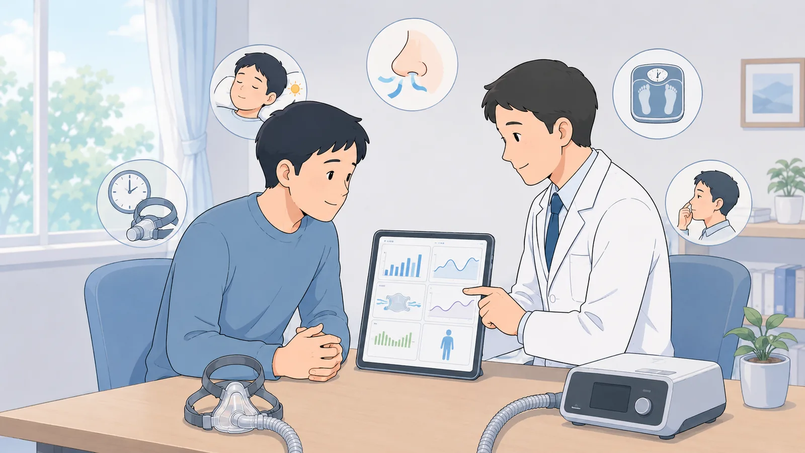 医師がCPAPデータをタブレットで患者に説明している様子