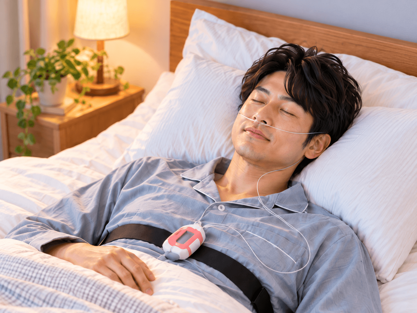 ご自宅のベッドで、簡易検査の機器を装着して眠る男性