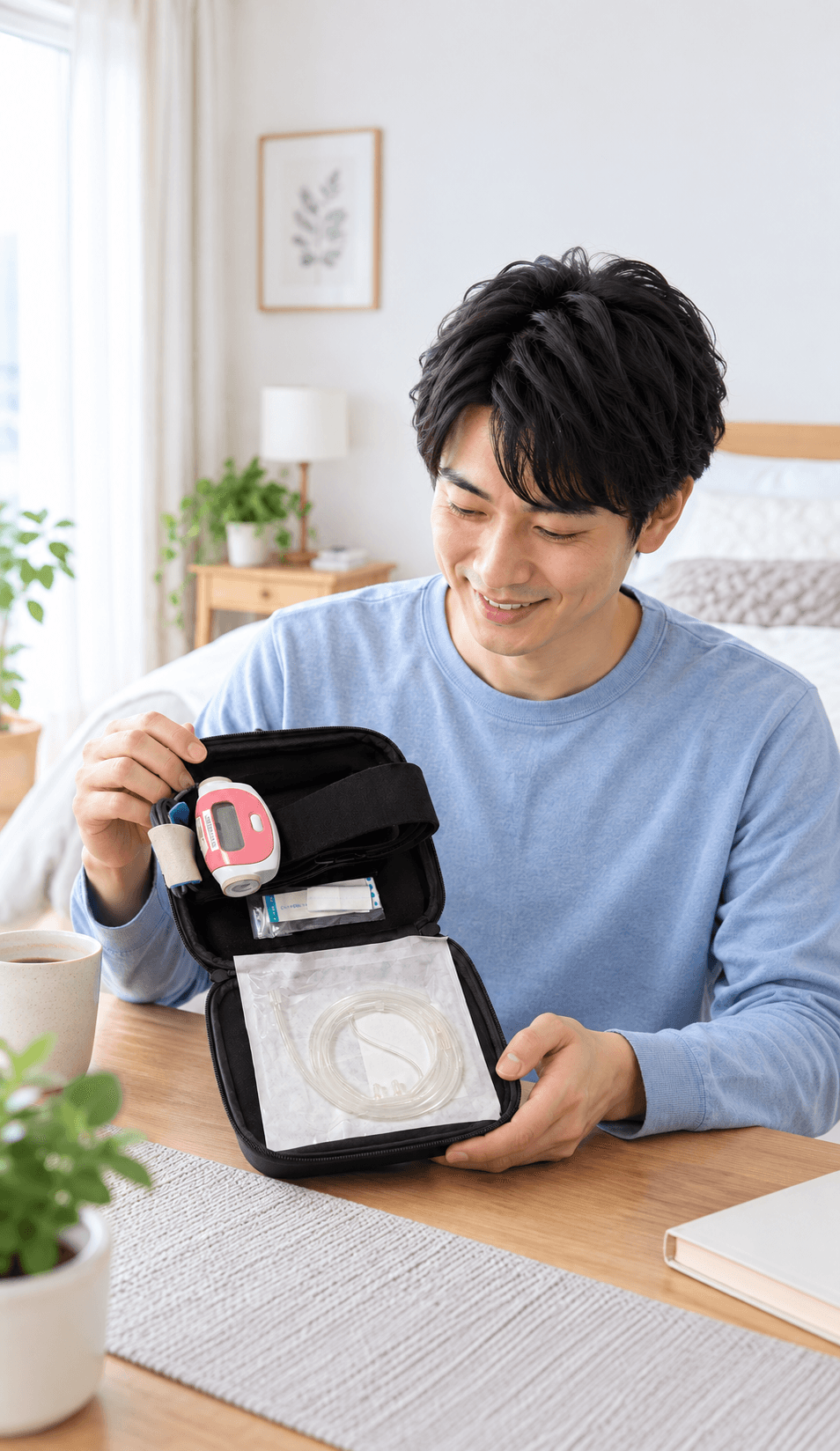 自宅で睡眠検査キットのケースを開けて準備する男性