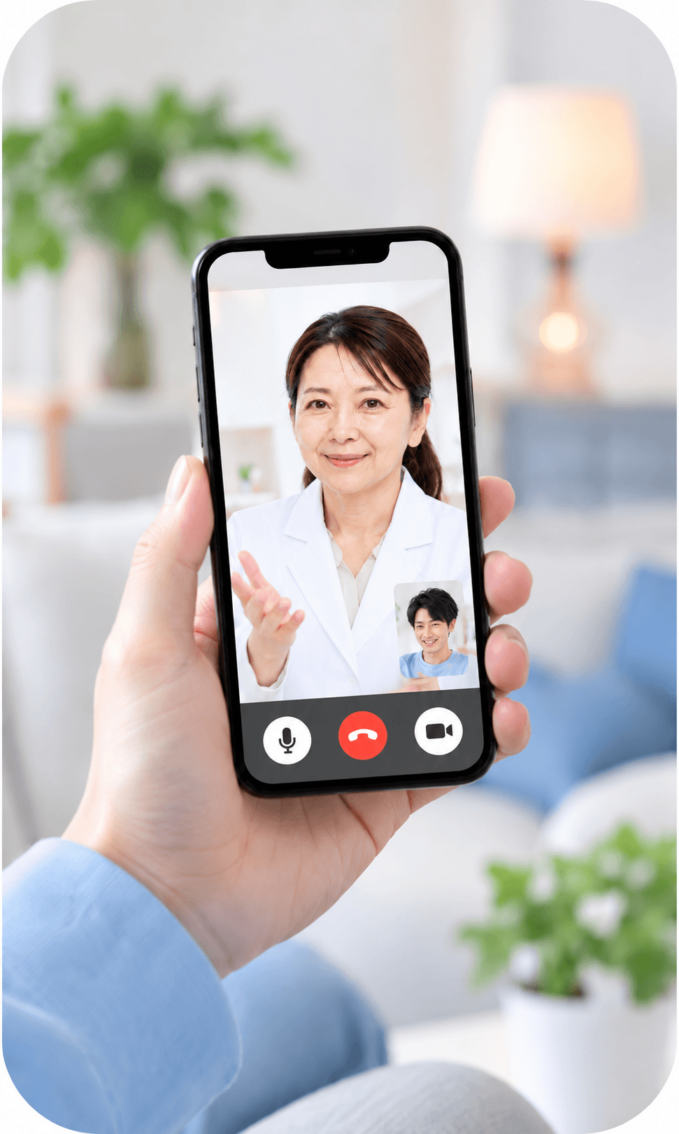 スマートフォンのビデオ通話で女性医師から検査結果の説明を受ける男性
