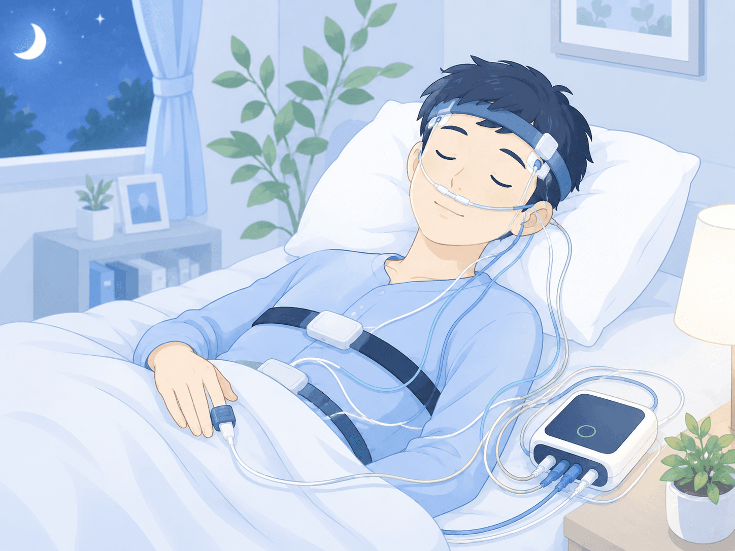 額のセンサーや胸のベルトを付けて眠る在宅PSGのイメージ