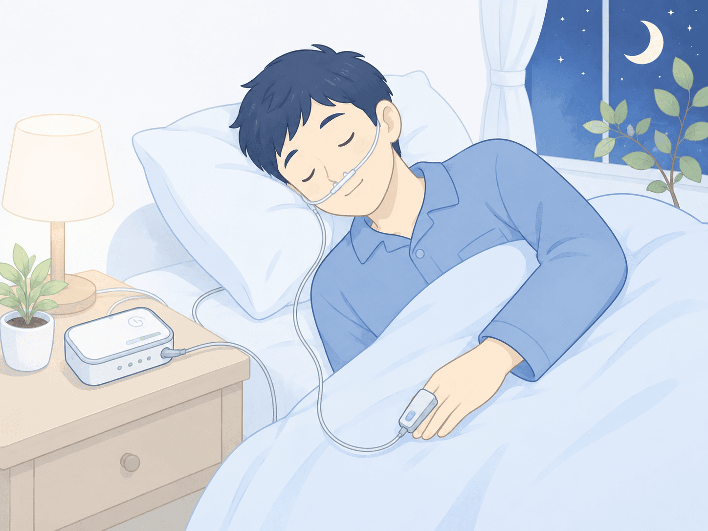 指先や鼻元にセンサーを付けて眠る簡易検査のイメージ
