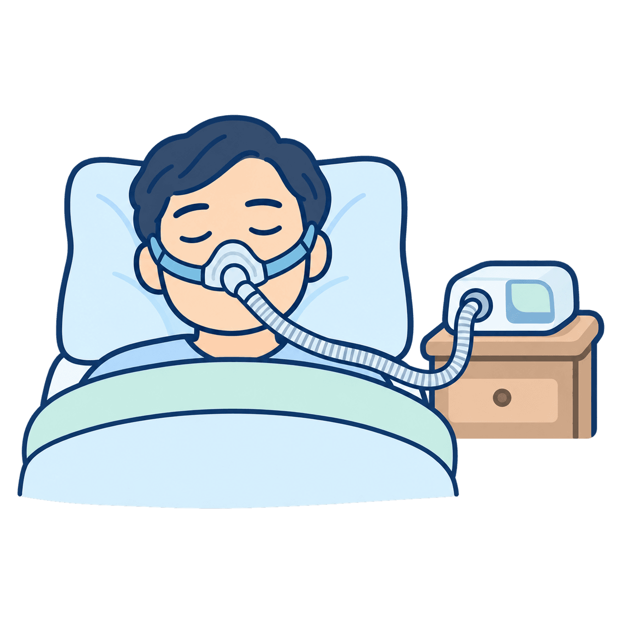 CPAPマスクと機器を使って眠る様子のイラスト